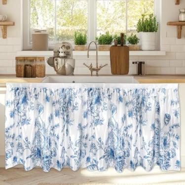 Imagem de Wiooffen Cortinas de armário 71 x 129 cm saia de pia para banheiro cozinha sob a mesa privacidade drapeado armário autoadesivo lava-louças cortinas de mesa para casa lavanderia fazenda decoração