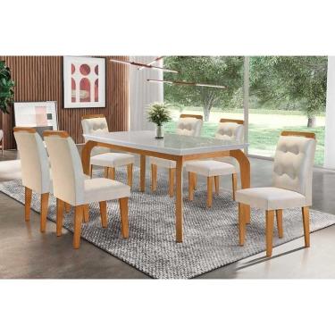 Imagem de Sala De Jantar Completa Londrina C- Tampo Madeirado Vidro Canto Reto 180x90cm E 6 Cadeiras Imperatriz Imbuia - Veludo Creme - Rufato