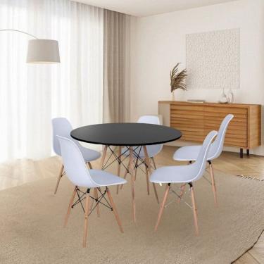 Imagem de Conjunto Mesa de Jantar 120cm Redonda com 05 Cadeiras Eiffel Branco/Preto