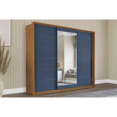 Imagem de Guarda Roupa Casal Lisboa 3 Portas de Correr 4 Gavetas MDF-MDP Freijo-Azul Politorno Móveis