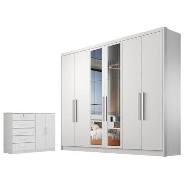 Imagem de Guarda Roupa Casal com Cômoda Sapateira Linea Neve 6 Portas Giratórias 4 Gavetas MDF co...