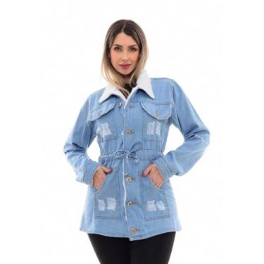 Imagem de Jaqueta Parka Jeans Feminina Clara Com Pelinho Na Lateral - FIA MODAS,