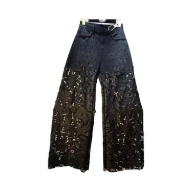 Imagem de Calça Jeans Feminina Preta Com Renda Vazada, Miçangas Pesadas E Aplica