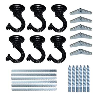 Imagem de GDQLCNXB 6 conjuntos de ganchos de teto de metal de 55 mm/2,17 polegadas, ganchos de teto resistentes com ferragens para pendurar plantas/lustres/sinos de vento/ornamento (cor preta)