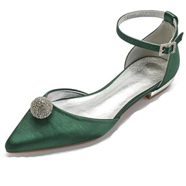 Imagem de Sapatos de casamento para noivas mulheres sapatilhas sapatilhas com fivela de cetim bico redondo sapatos com strass 36-43,Dark green,8 UK/41 EU