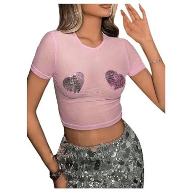 Imagem de Floerns Camiseta feminina com estampa de coração de strass e gola redonda e manga curta, Rosa claro, G