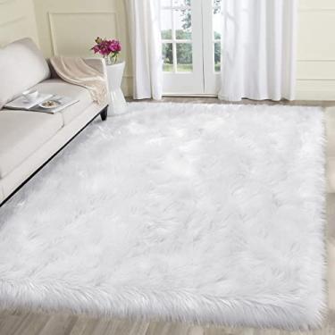 Imagem de SERISSA Tapete de pele sintética – 1,8 x 2,3 m, tapete felpudo fofo em branco – pele de carneiro felpuda de luxo para sala de estar, quarto, decoração de berçário