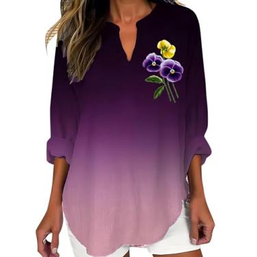 Imagem de Camisetas femininas de conscientização de Alzheimers de linho verão blusas grandes gola Henley camiseta casual com estampa de flores roxas, Roxa, GG