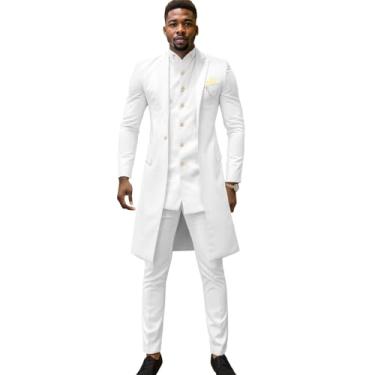Imagem de Terno masculino slim fit com corrente de peito único blazer calça 3 peças roupa de casamento de linho roupas africanas, Branco, Small