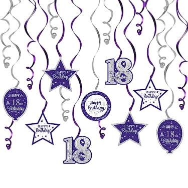 Imagem de Nelbiirth Feliz aniversário de 18 anos roxo e prata glitter redemoinhos decorações de festa - 15 peças kit de serpentinas penduradas em redemoinhos de aniversário de 18 anos, placa de festa de
