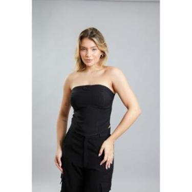 Imagem de Blusa Cropped Tomara que Caia Feminina com Recortes na Cor Preto Dialogo Jeans-Feminino