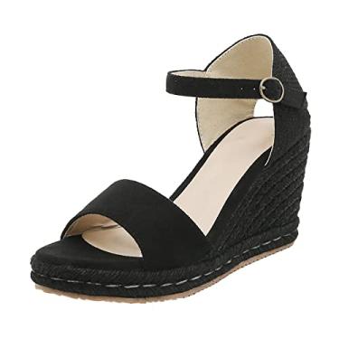 Imagem de Sandálias femininas elegantes de verão planas moda feminina verão flock weave wedges respirável fivela tira sandália confortável, Preto, 8.5