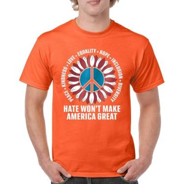 Imagem de Camiseta masculina Hate Won't Make America Great Peace Kindness Love Equality Hope Inclusion Diversity Peace Sign, Laranja, M