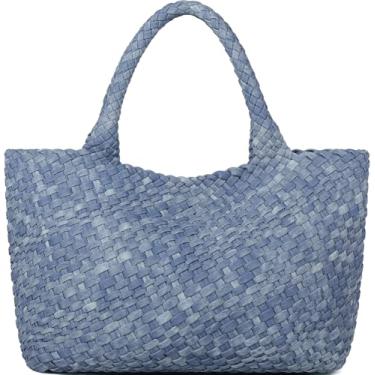 Imagem de Queenoris Bolsa de tecido para mulheres, bolsa de ombro moderna com alça superior de couro vegano, bolsa de compras grande para viagem, Jeans azul, Large