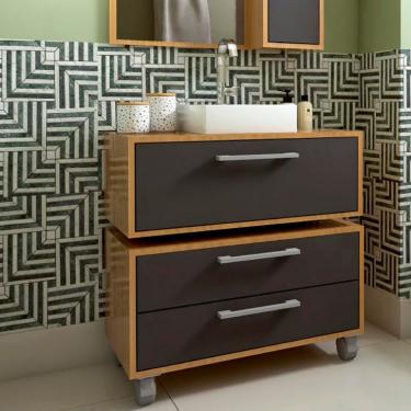 Imagem de Conjunto de Gabinete de Banheiro Suspenso com Cuba Branca e Gabinete de Chão Alice 1 PT 2 GV Mel e Grafite