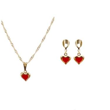 Imagem de Conjunto Infantil Colar e Brinco Coração Folheado Ouro 18k Antialérgic