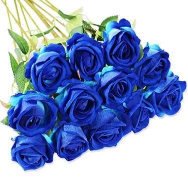 Imagem de Olrla 12 Peças de Flores Artificiais de Rosas Azuis, Haste Longa Única, Veludo Falso Rosa, Buquê de Casamento de Noiva, Peça Central de Mesa para Casa, Hotel, Escritório, Decoração Interna (Azul Real)