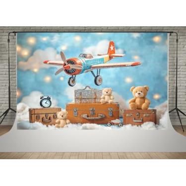 Imagem de Kate 2,1 x 1,5 m Happy Birthday Party Cute Bear Toy Decor Pano de fundo fotográfico céu azul nuvem branca brinquedo avião modelo decoração foto fundo
