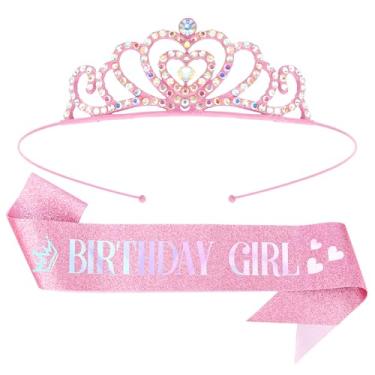 Imagem de Exacoo Conjunto de tiara e faixa para meninas de aniversário, rosa, strass brilhante, princesa mental, aurora, coroa para meninas, decorações de festa de feliz aniversário, presentes acessórios de