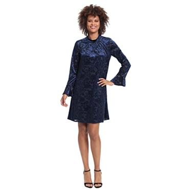 Imagem de London Times Vestido trapézio feminino de manga comprida com gola redonda, Azul marino, 48