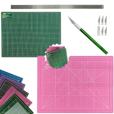 Imagem de Base Placa de Corte Dupla Face Autorregenerativa Caneta Estilete Bisturi Régua Inox 60cm Artesanato Patchwork Scrapbook (Rosa e Verde)