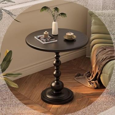 Imagem de Mesa de canto vintage para espaços pequenos, mesa lateral com pedestal de metal, mesa de destaque redonda, mesa de café exclusiva para sala de estar, quarto, varanda, preta, grande