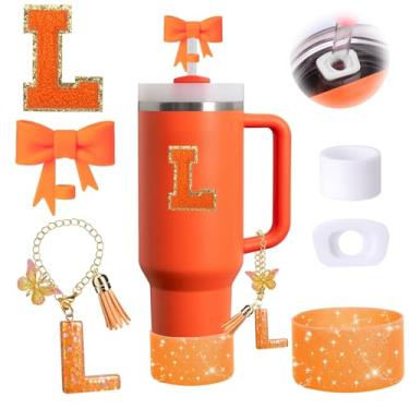 Imagem de Conjunto de 6 peças de acessórios de copo Stanley laranja adequado para Stanley Cup 850.5 g 1,134 g, incluindo tampa à prova de derramamento, bota de silicone brilhante, topo de palha em forma de