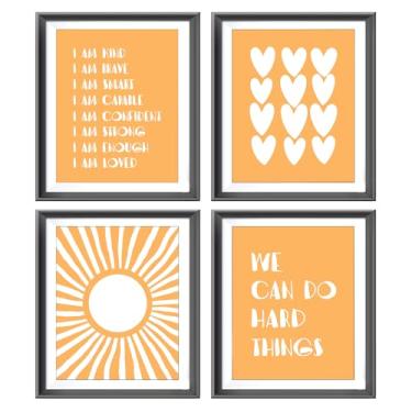 Imagem de I am Kind Brave Smart Affirmations Orange Sun Sunshine Hearts Poster Prints for Girls Kids Room Playroom, Decorações de Quarto de Meninas Impressões Arte de Parede Sem Moldura 4 peças 20 x 25 cm,