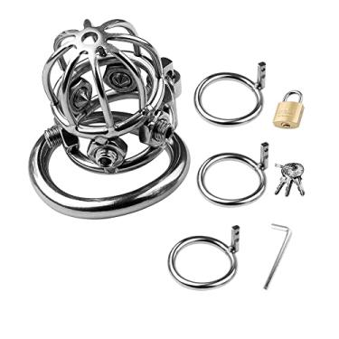 Imagem de LEQC Gaiola de castidade de aço para homens gaiola de pau masculino cintos de castidade gaiola de pênis premium metal prata gaiola brinquedo sexual (1,97 polegada/50 mm (1 anel))
