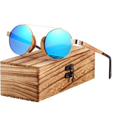 Imagem de Óculos de Sol Unissex Redondo Design Madeira Moda Verão Lentes Polariz