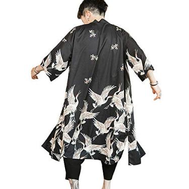 Imagem de HAORUN Casaco de quimono masculino japonês solto Yukata para usar ao ar livre longo roupão de banho tops vintage, Preto, US XL/Asia 5XL: bust: 54.7 in