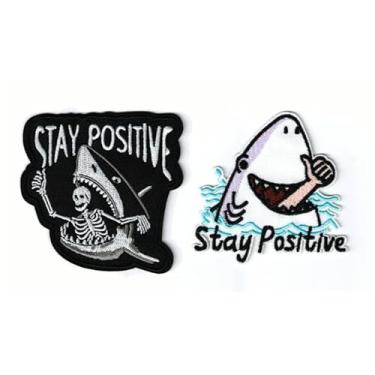 Imagem de Magictodoor Adesivos engraçados Stay Positive para passar a ferro | Tubarão com caveira Hello & Shark with Struggling Hand Designs | Emblemas bordados para roupas, bolsas, chapéus e mais | Acessórios