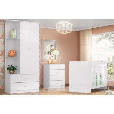 Imagem de Quarto Infantil Completo Labirinto 3 Peças (1 Guarda Roupa + 1 Berço + 1 Cômoda) QI58 Branco - Henn