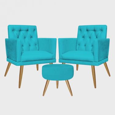 Imagem de Kit 2 Poltronas e Puff Redondo Maria Capitonê Pé Palito Suede Azul Turquesa - Ahz Móveis