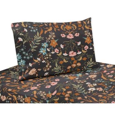 Imagem de Sweet Jojo Designs Jogo de lençol solteiro boêmio floral vintage boho flores silvestres menina solteiro, lençol com elástico para crianças, adolescentes 3p preto laranja azul-petróleo boêmio casa de