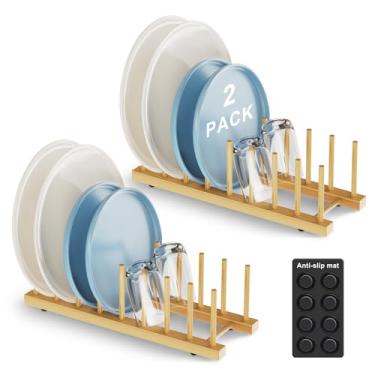 Imagem de Mukylar Escorredor de pratos de bambu para organizador de cozinha - organizador de pratos resistente com bambu natural, suporte para pratos, copos e tábuas de corte - escorredor de pratos para bancada