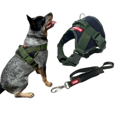 Imagem de Coleira Peitoral com Guia para Cachorro Estilo SWAT - Blue heeler, Pastor alemão, labrador, golden retriever - Tamanho Grande (preto/verde)