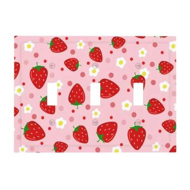 Imagem de ukutarly Capa de interruptor de luz floral rosa morango 3 gangues triplo alternância fruta margarida flor placa de parede placa elétrica receptáculo placa frontal para banheiro quarto