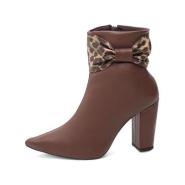 Imagem de EMILY ONLINE, Bota Cano Curto Feminina Salto Alto Grosso 9cm Bico Fino com Zíper e Laço – Confortável e Antiderrapante (Marrom, BR, Adulto, Numérico, 35)