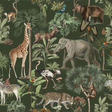 Imagem de VEELIKE Papel de parede verde tropical para berçário de animais de safári selva, papel de parede verde para berçário de banheiro 43 x 38 cm, autoadesivo, papel de parede floresta, papel de contato
