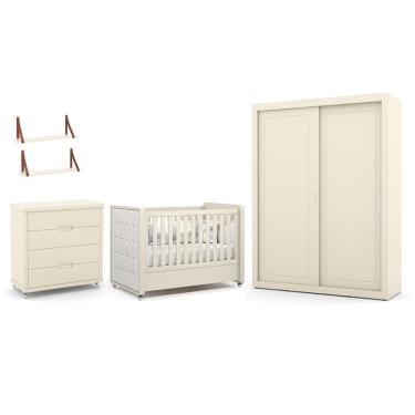 Imagem de Dormitório Tutto New 2 Portas, Cômoda 4 Gavetas e Berço com Capitonê e Prateleiras - Matic Móveis Off White