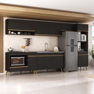 Imagem de Armário De Cozinha Modulada Completa 6 Peças Com Balcão Para Cooktop Veneza Multimóveis Mp2273 Preto Dourado