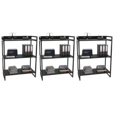 Imagem de Kit 3 Estantes Livreiro Multiuso Prisma Estilo Industrial 80cm 3 Prateleiras C08 Preto Onix