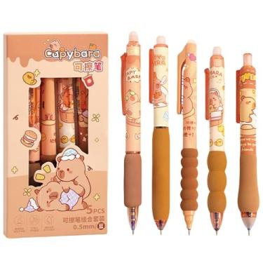 Imagem de MOZXIRZ 5 canetas de gel apagáveis, lindas canetas retráteis, desenho, capivara, menina, caneta apagável de 0,5 mm, tinta azul, para mulheres, meninas, meninos, material escolar (tinta azul capivara)