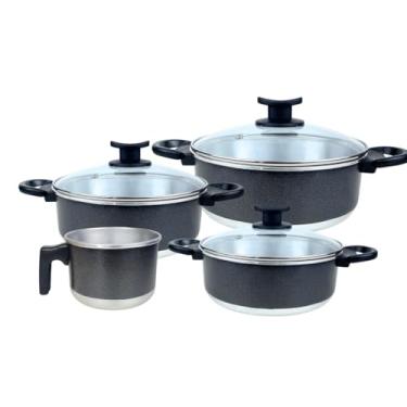 Imagem de Conjunto de Panelas com 3 Caçarolas e 1 Fervedor/Leiteira em Alumínio Craqueado com Tampas de Vidro e Cabos em Baquelite