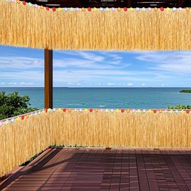 Imagem de Fovths Saia de mesa com 2 peças de grama Luau 11 m x 75 cm com franja faixa de grama saia de mesa de palha havaiana natural para tiki bar telhado verão praia decorações de festa tropical, amarelo