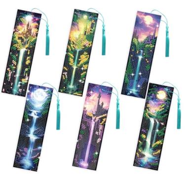 Imagem de FREEBLOSS 6 peças de marcadores de página de pintura de diamante em cascata, kit de marcadores de página de arte de diamante de strass DIY com 6 pingentes de cristal para iniciantes, 5,8 cm x 19,6 cm