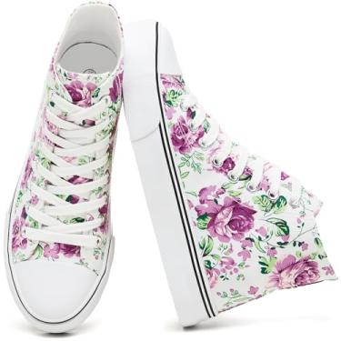 Imagem de yageyan Tênis feminino de lona de cano alto moderno com cadarço branco para mulheres, casual, clássico, Roxa, 38