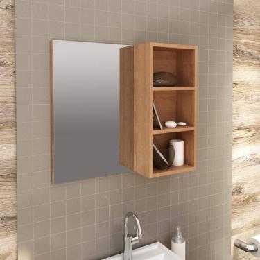 Imagem de Espelheira Estante Suspensa Organizadora 1 Espelho 2 Prateleiras Para Banheiro Marrom Madeira