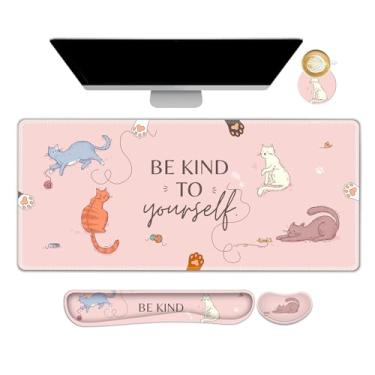 Imagem de NXZGO Conjunto grande de mouse pad para jogos, tapete ergonômico de mesa rosa com descanso de pulso de espuma de memória, mousepad de jogo estendido, tapete de mesa antiderrapante fosco fácil de